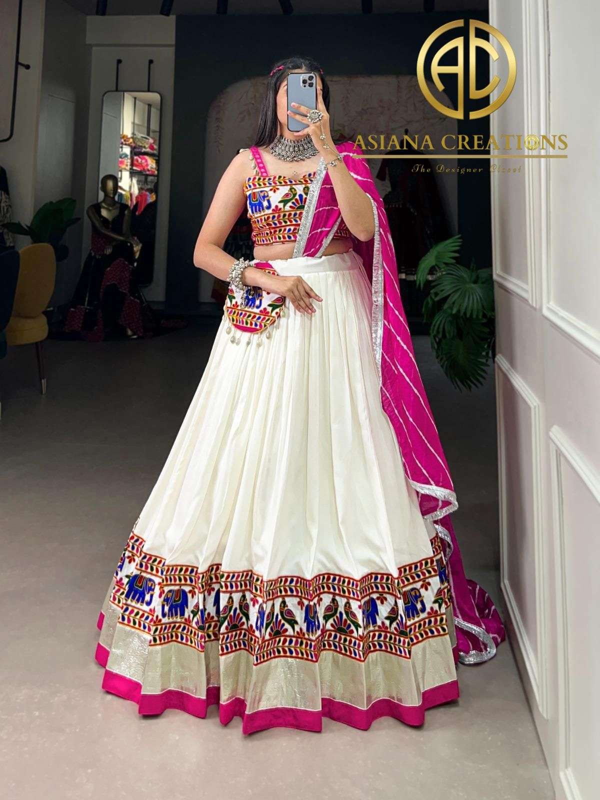 Navratri Lehenga Choli with Koti Sets  JHAMKUDI-Laheria-White